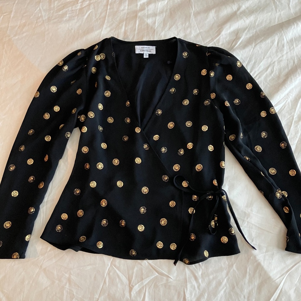 & Other Stories Women's Black & Gold Tie Wrap Blouse Top